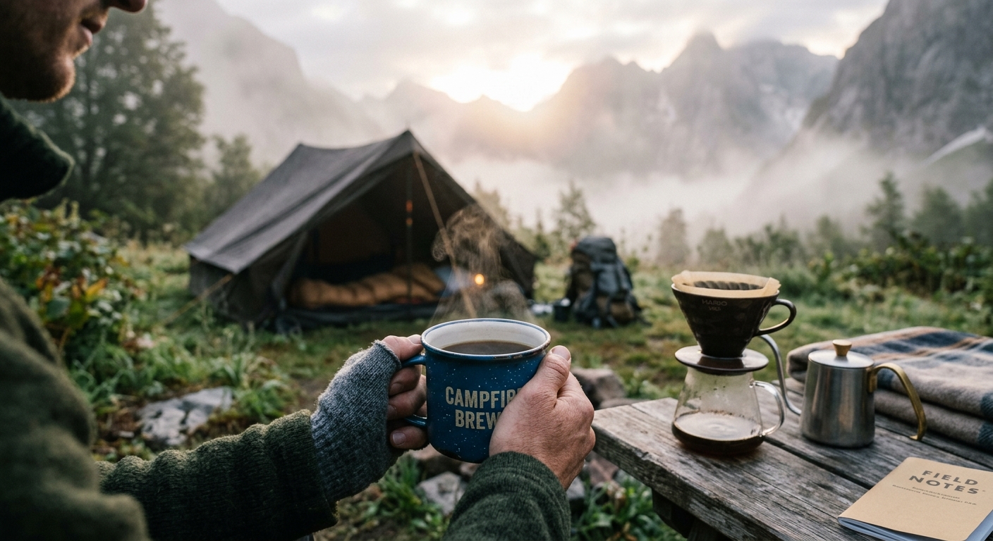 Steaming camp coffee at sunrise