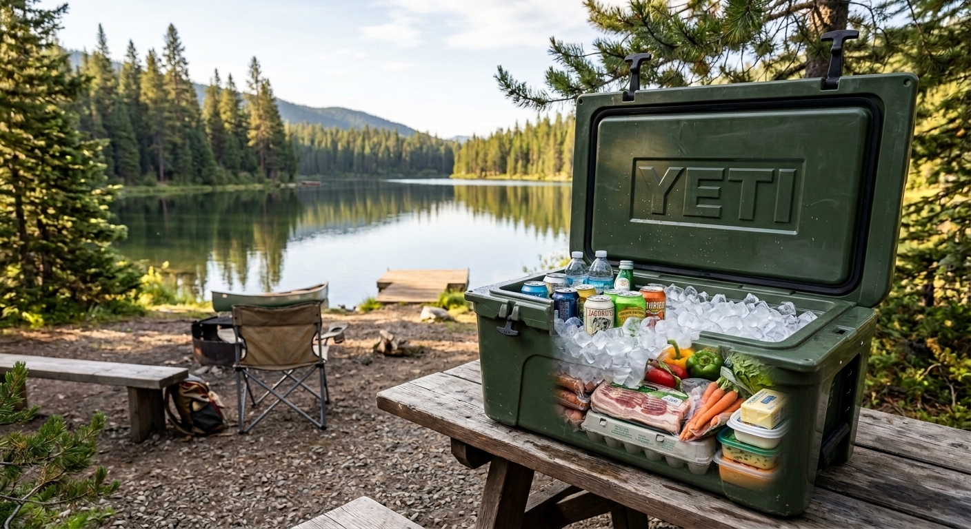 Camping cooler packed with block ice at a lakeside campsite