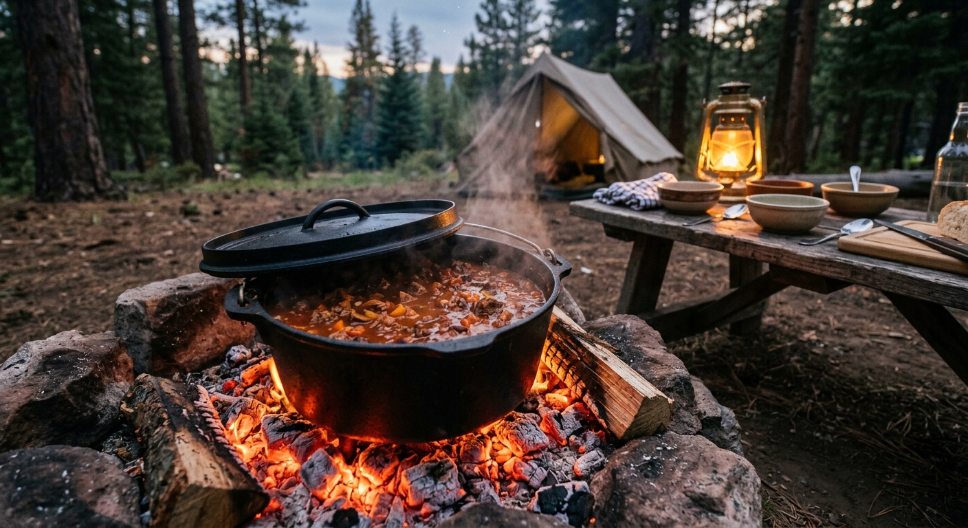 Dutch oven chili bubbling over campfire coals