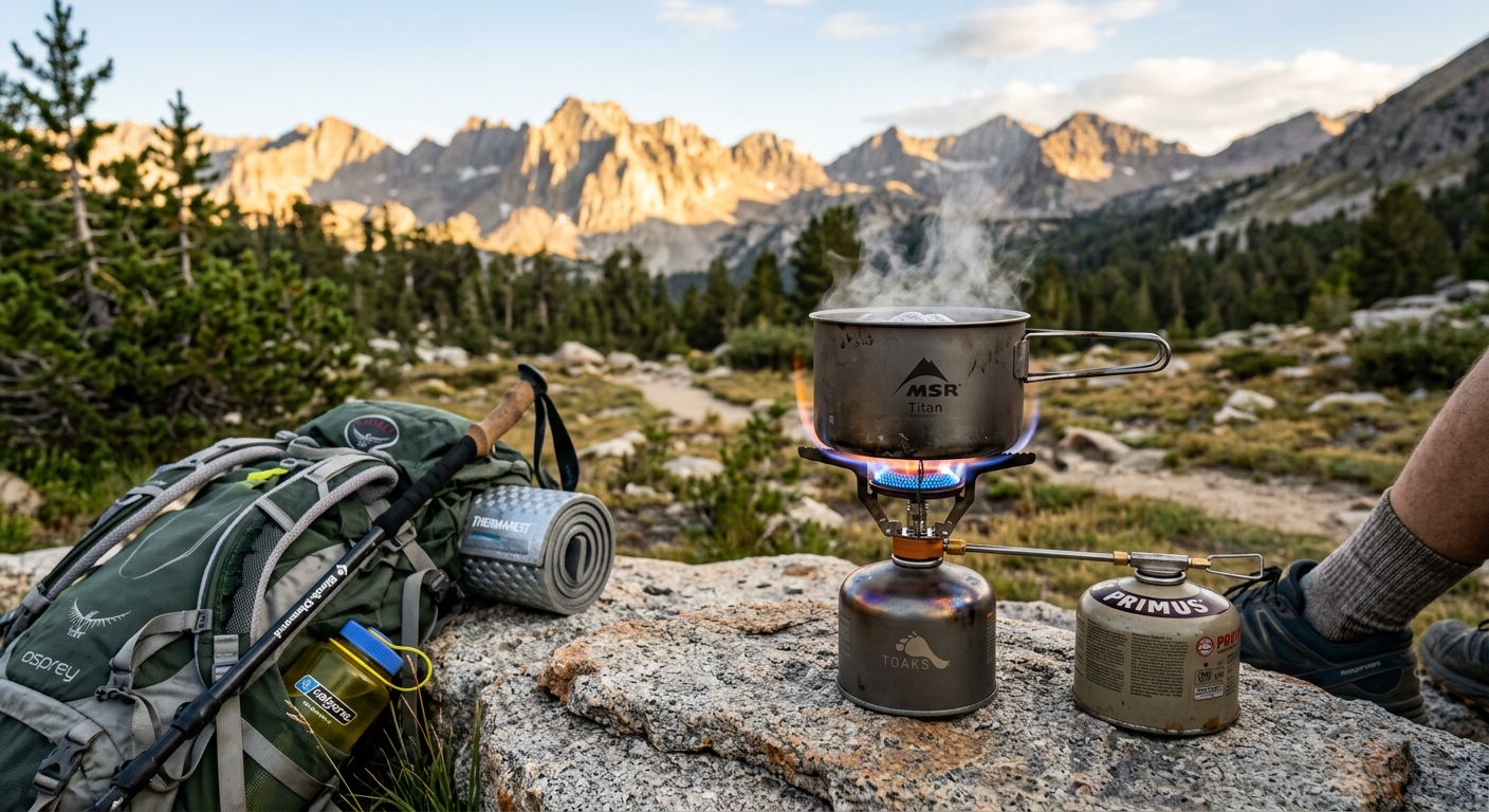 Backpacking stove boiling water at golden hour