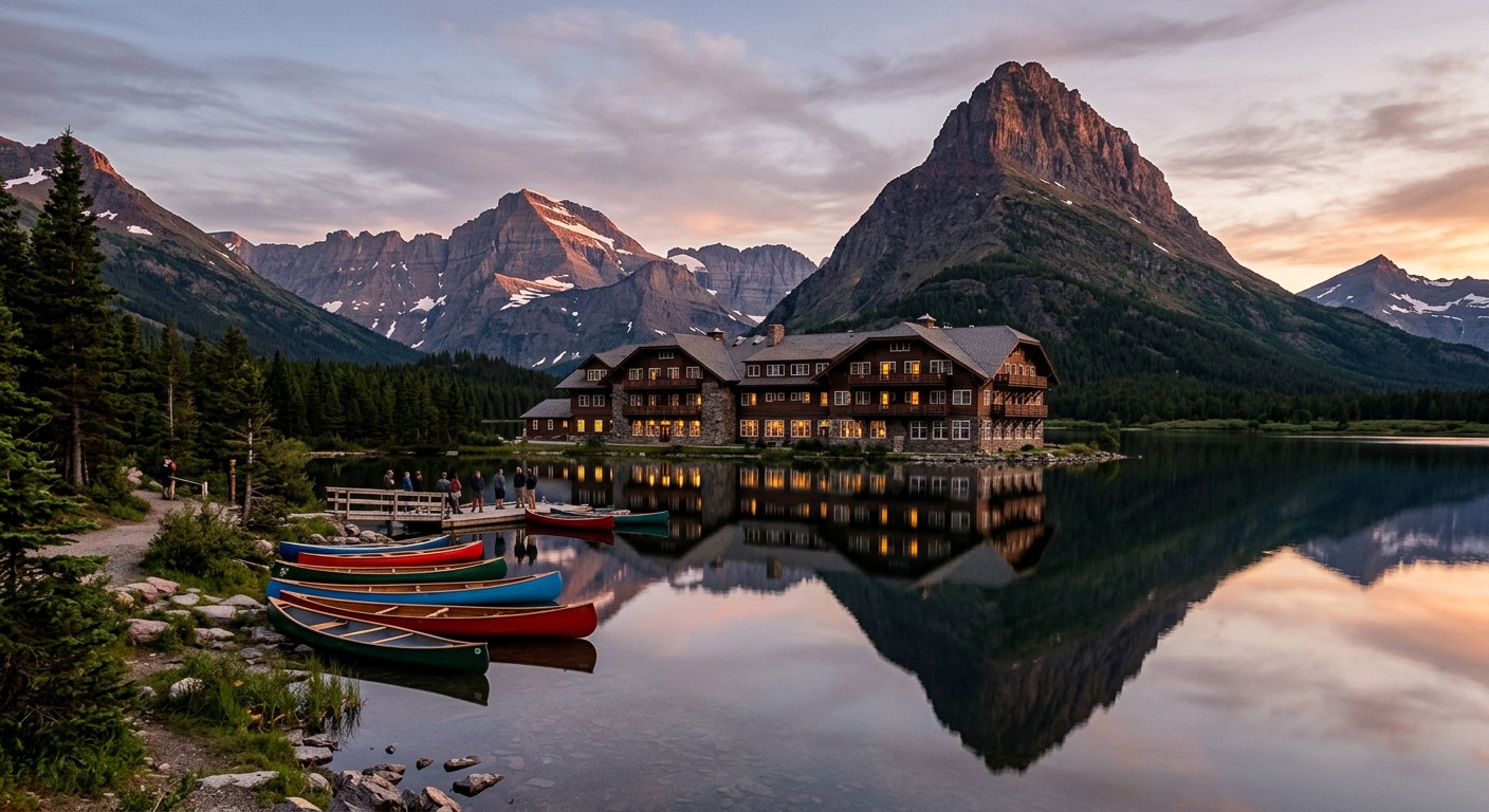 Historic lodge on Swiftcurrent Lake at dusk in the Many Glacier valley