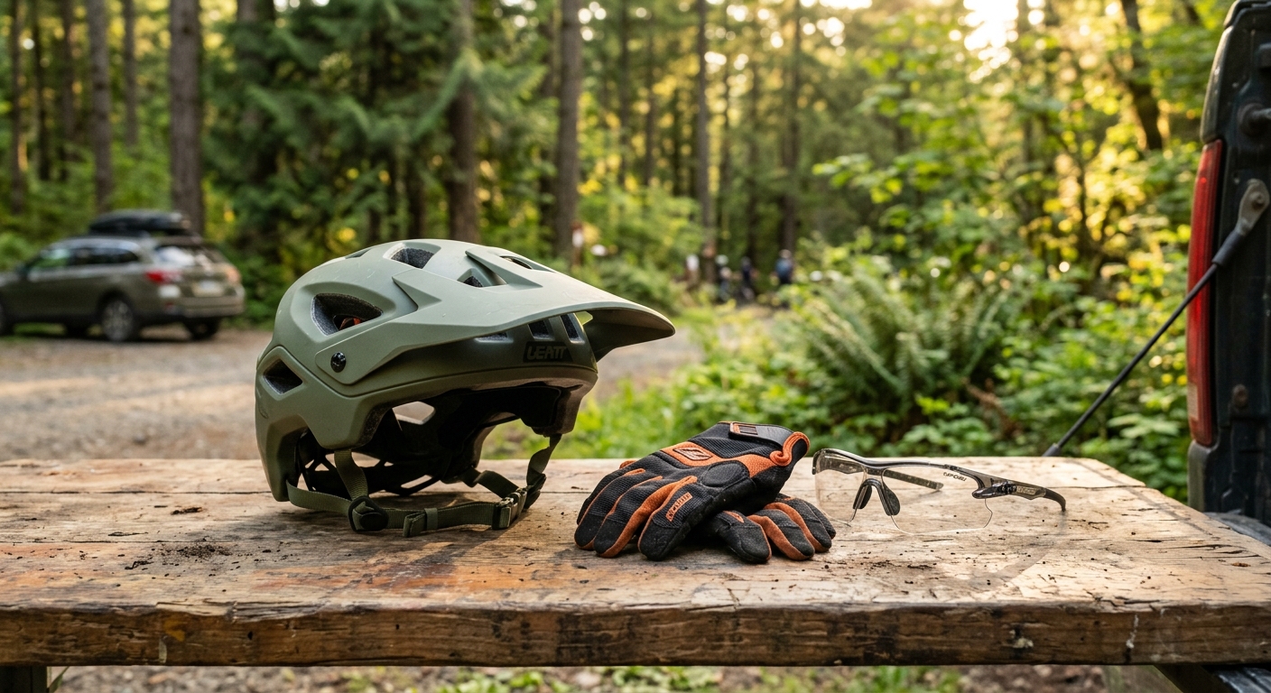 Mountain bike helmet, gloves, and glasses on a wooden table at a trailhead