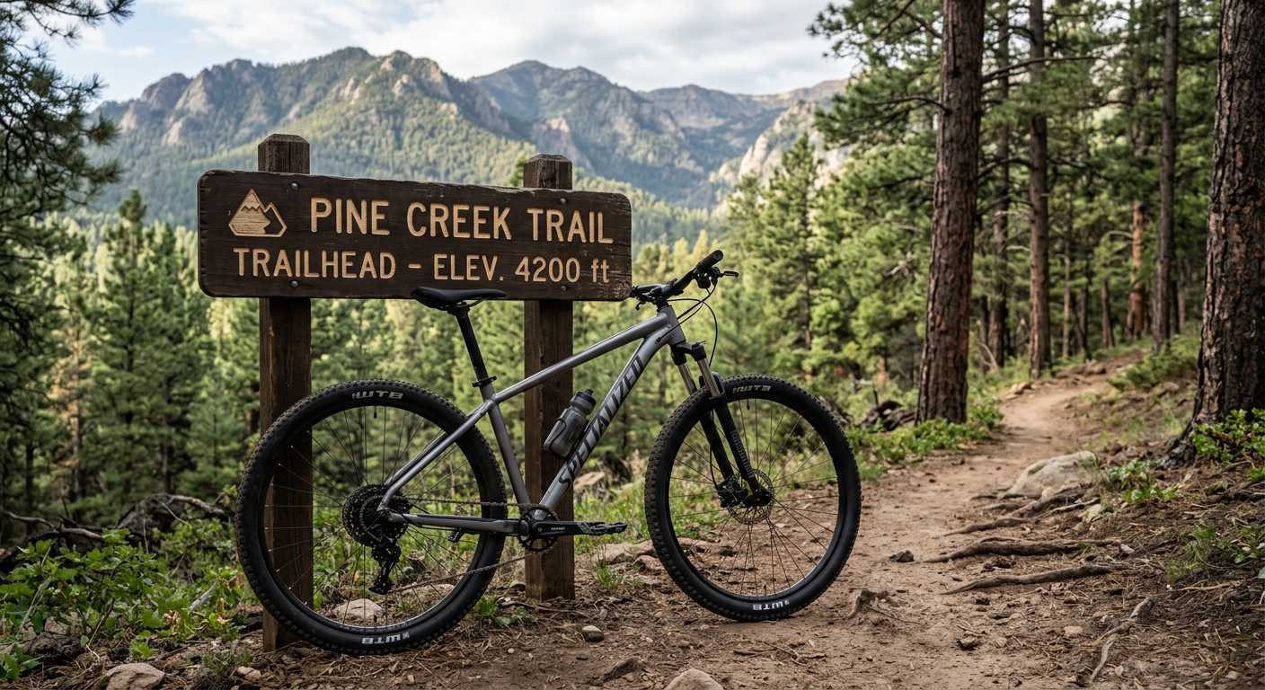 A hardtail mountain bike leaning against a trailhead sign