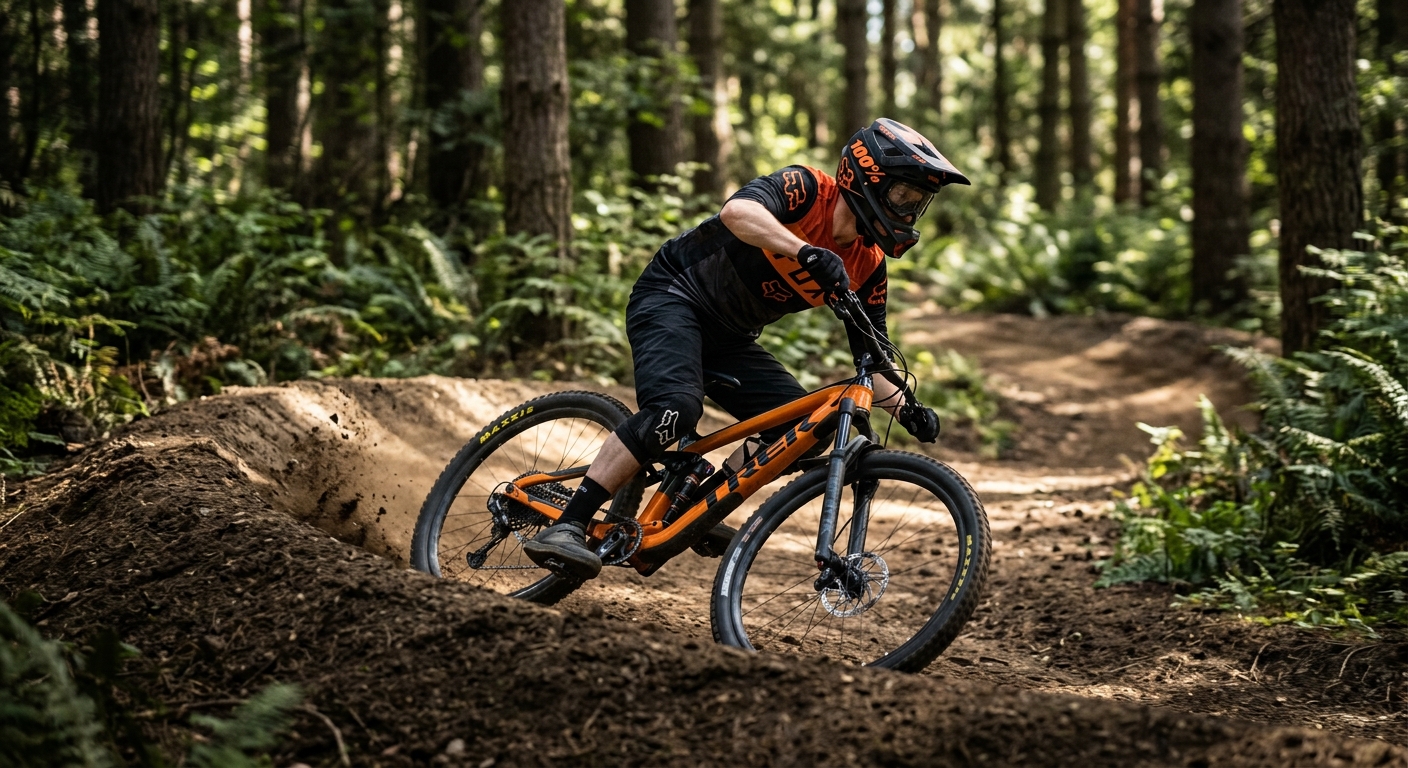 A rider cornering on a bermed forest trail with level pedals
