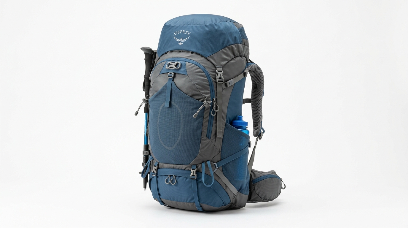 Loaded 65-liter backpacking pack resting against a granite boulder