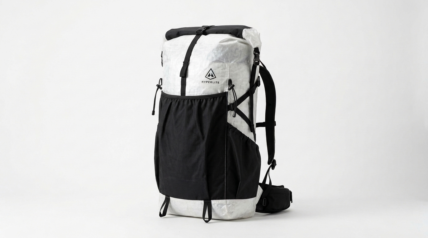 White Dyneema ultralight pack on a high alpine granite slab