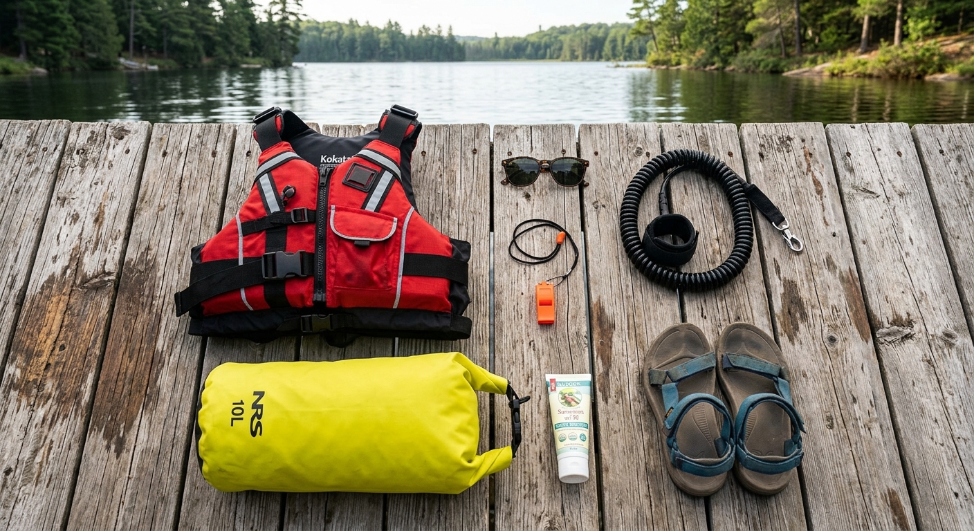 Paddling essentials laid out on a wooden dock