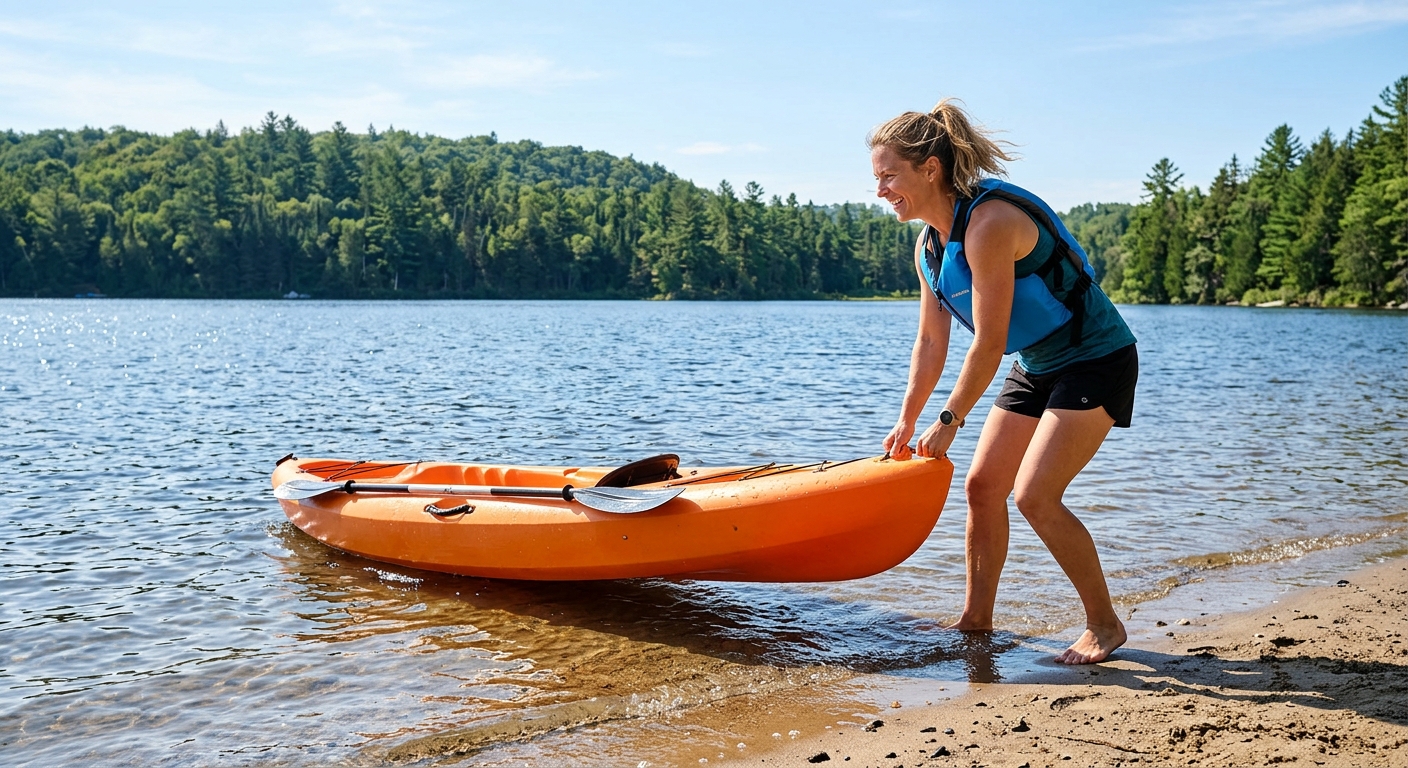 Sit-on-top kayak being launched from a sandy beach