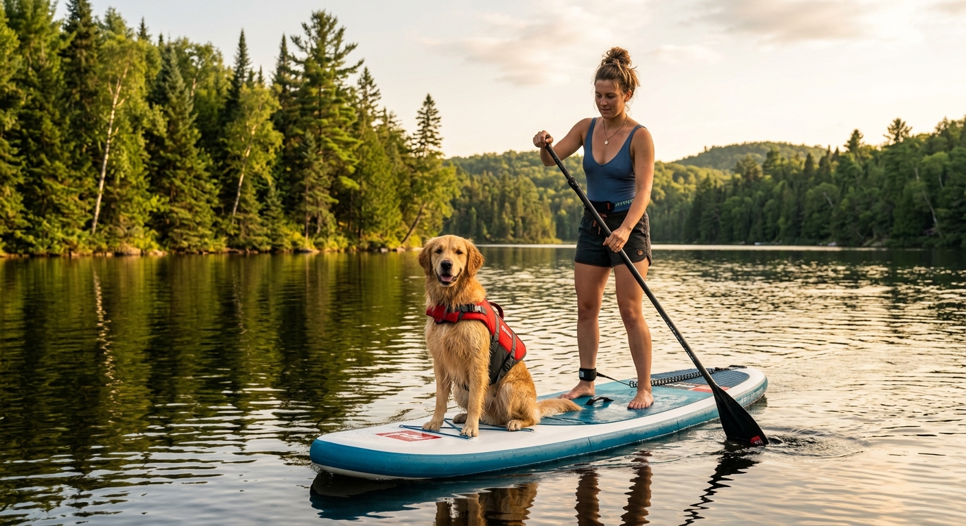 Paddleboarder with a dog on a calm lake