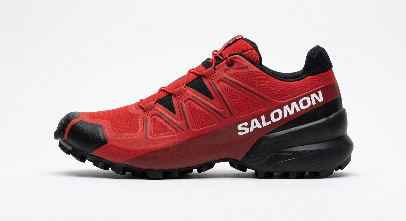 Aggressive lugged outsole gripping muddy rock